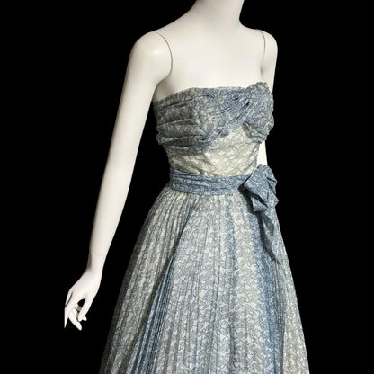 1950s vintage Pleated Party Dress: Slate Blue Grey floral strapless Cocktail Prom Dress