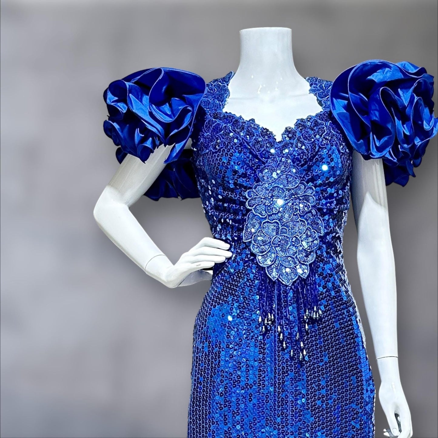 ALYCE DESIGNS 1980s vintage dynasty glam evening gown, Sapphire blue sequins sheath dress, ruffles open back