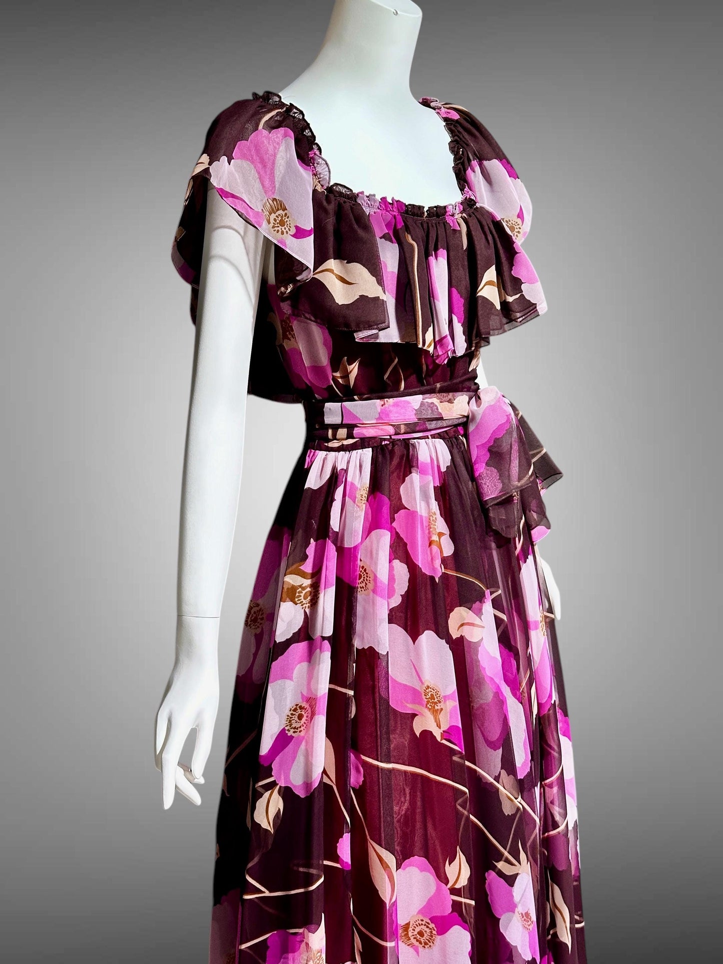 MIGNON New York, vintage 1970s Chocolate Brown Hot Pink Floral Chiffon evening gown