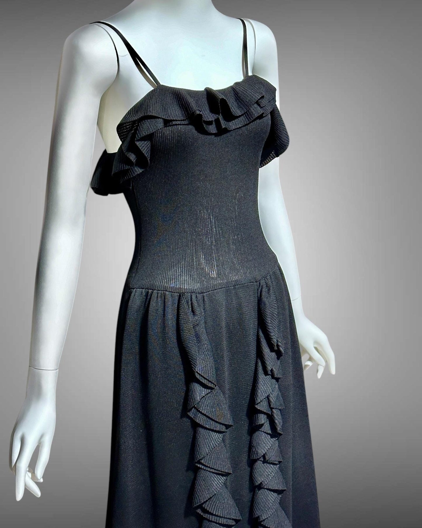 CRISSA 1970s vintage black knit ruffled slip dress, long maxi evening dress with ruffles