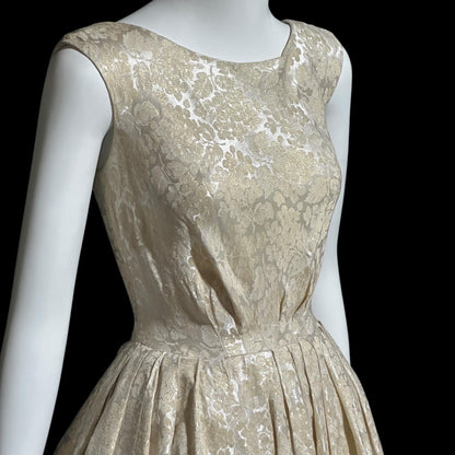 ADORE by Doreen, vintage 1950s dress, shimmering damask cocktail party dress, fit flare pleated dress