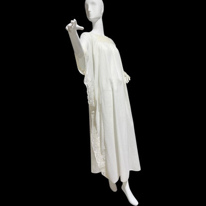 1960s Vintage caftan hostess dress, white crinkly cotton kaftan loose house dress