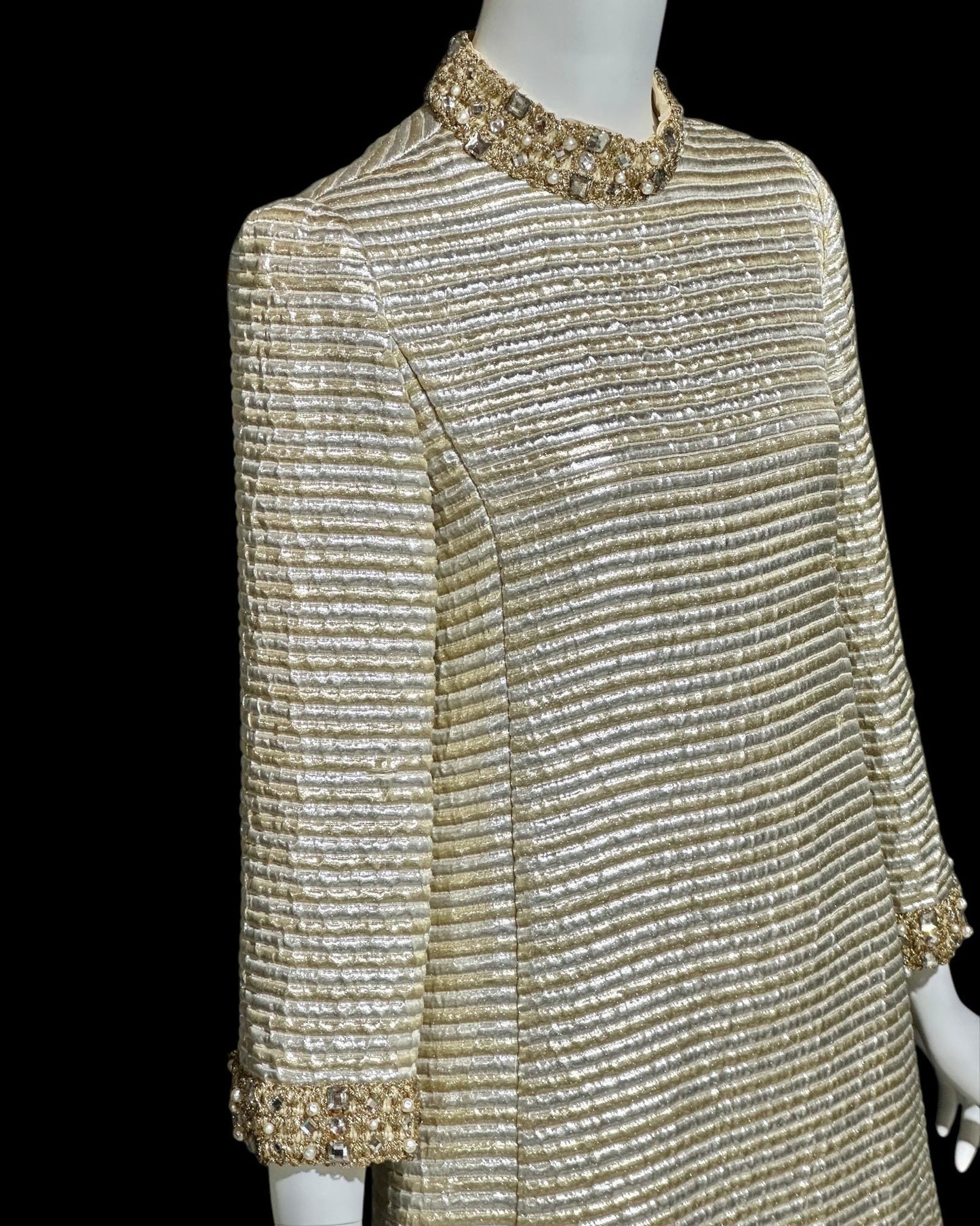 1960s vintage custom made evening dress gown, gold silver metallic stripe, heavily beaded high neck, mod shift gown