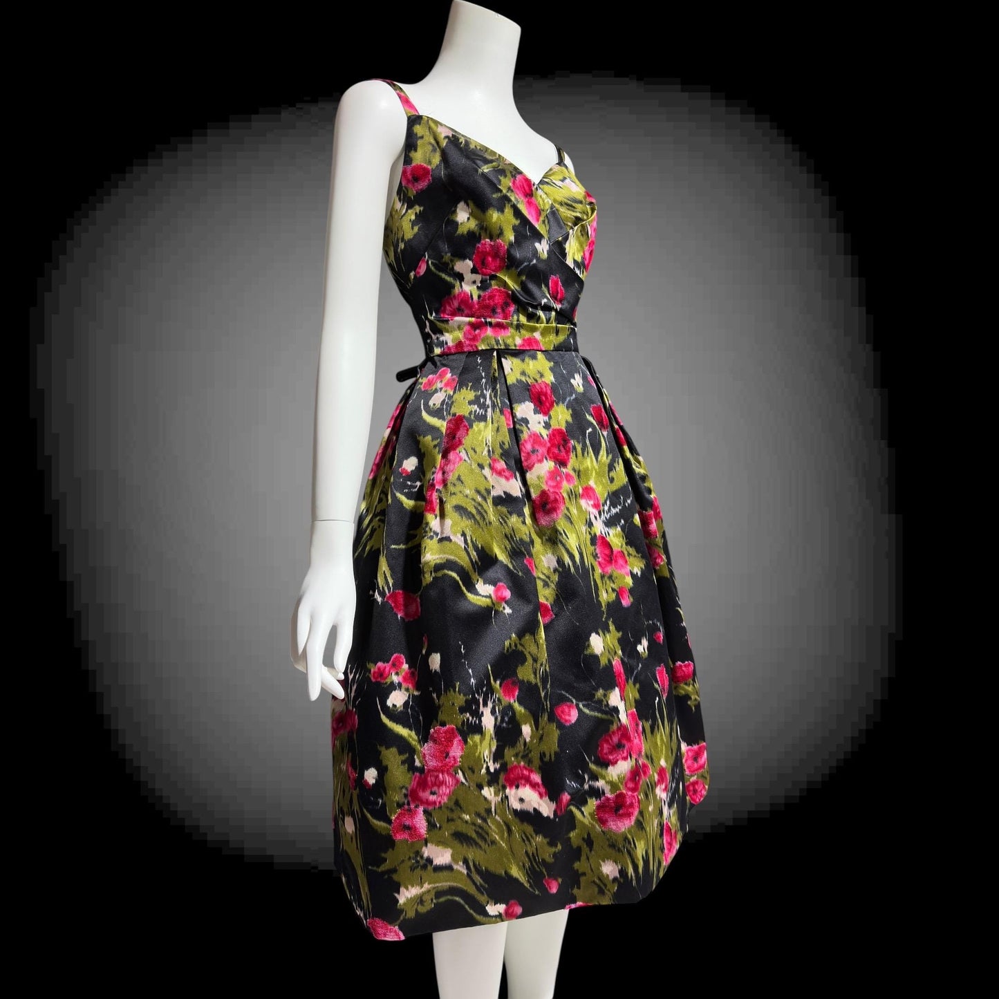 I. MAGNIN vintage 1950s evening dress, black floral cocktail party dress, Black with magenta poppies