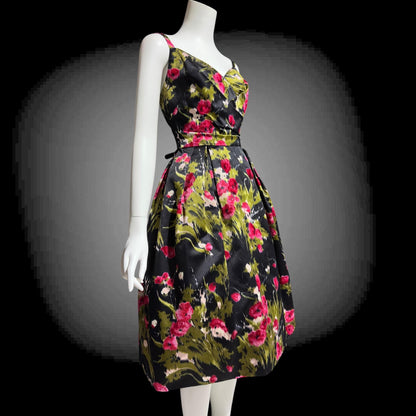 I. MAGNIN vintage 1950s evening dress, black floral cocktail party dress, Black with magenta poppies