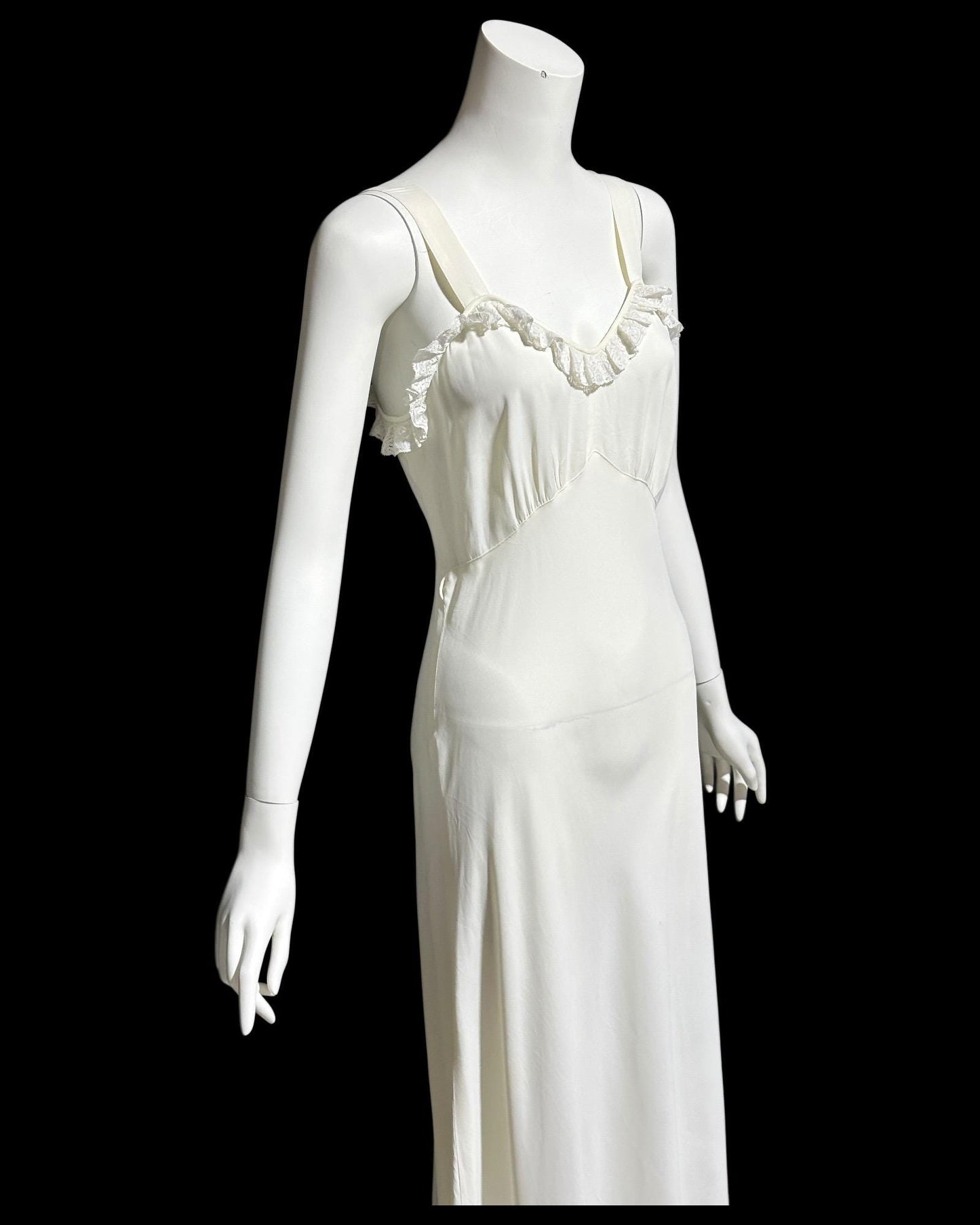 1940s vintage Nightgown slip dress, creamy off white bias cut ruffled slip dress