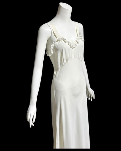 1940s vintage Nightgown slip dress, creamy off white bias cut ruffled slip dress