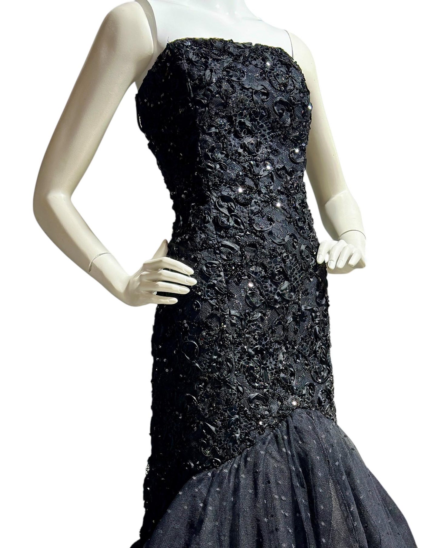 DAVID FIELDEN, vintage evening dress gown, 1980s Neiman Marcus, Black Mermaid sequin gown, Strapless