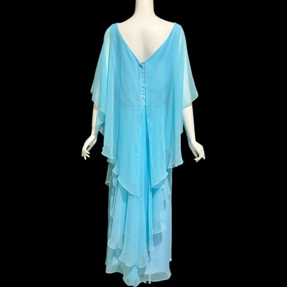 1960s vintage evening dress, turquoise blue poly chiffon scarf cape dress gown