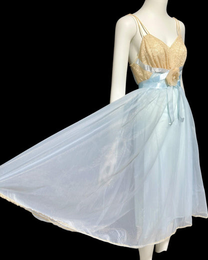 VANITY FAIR vintage 1950s nightgown, Powder Blue Nylon Lace House Dress Grecian Goddess