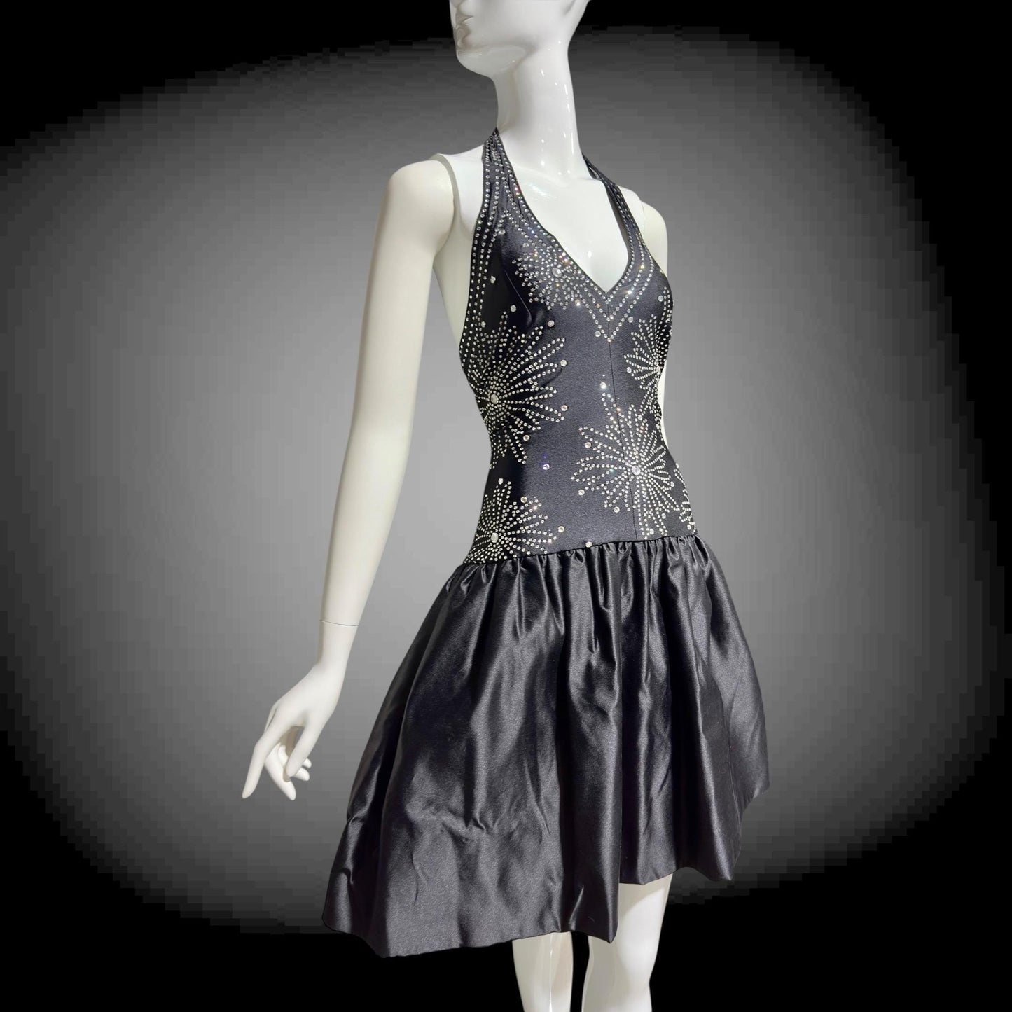 1970s Halter Party Mini Dress: Vintage black bubble skirt with rhinestone studs