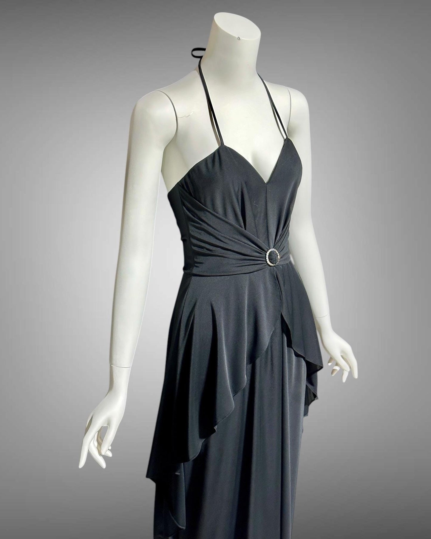 FRANK USHER 1970s vintage Black disco halter Dress, Bustier bodice and Long Peplum skirt