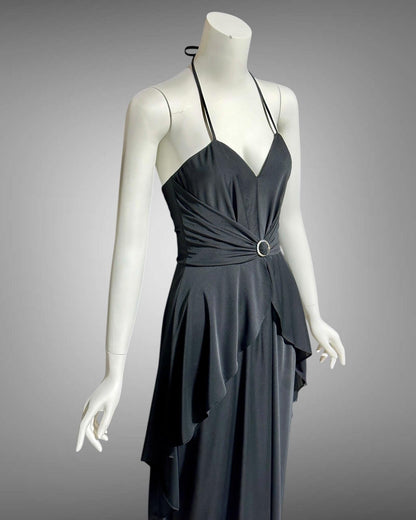 FRANK USHER 1970s vintage Black disco halter evening Dress, Bustier bodice and Long Peplum skirt