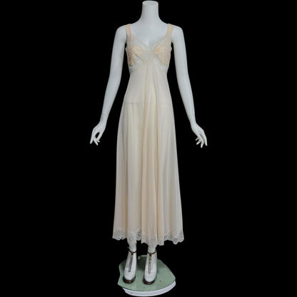 ROGERS vintage 1950s nightgown slip dress, ethereal soft peach chiffon and lace pin tucks, full length