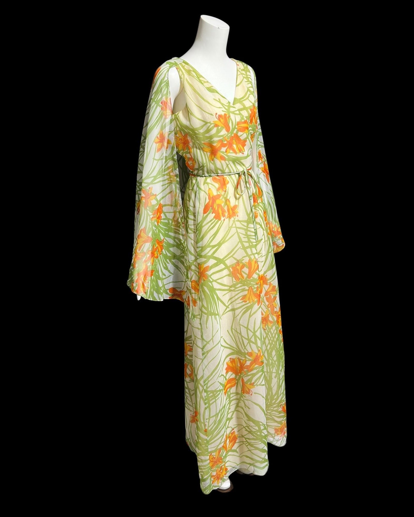 MARITA vintage evening dress gown, 1970s floral poly chiffon cape back scarf dress