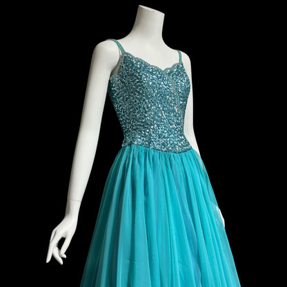 MIKE BENET, vintage 1960s evening dress, mermaid teal blue chiffon beaded sequins prom dress