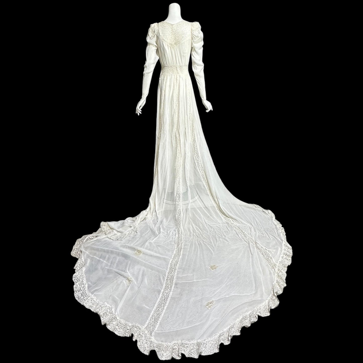 1940s vintage wedding dress, White sheer long sleeve sheath slip gown with train and slip