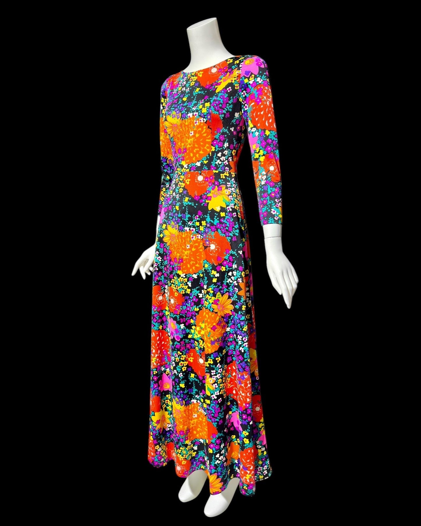 MARVELLA SCREEN PRINT, vintage 1960s neon floral maxi dress, Bold floral psychedelic dress with long sleeves