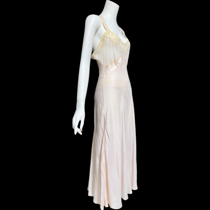 1930s Rayon & Silk Slip Dress: Vintage Bias Cut Pale Pink Nightgown, Lace Trim