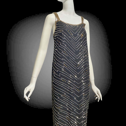 1980s Beaded Silk Sheath Gown: Vintage Black with silver and amber beading, Evening Dress