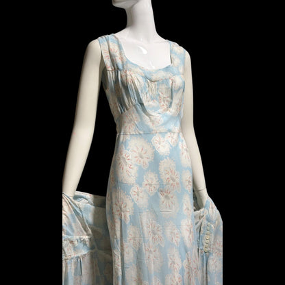 RADCLIFFE vintage nightgown robe set, 1940s FLORAL blue bias cut lingerie slip dress peignoir