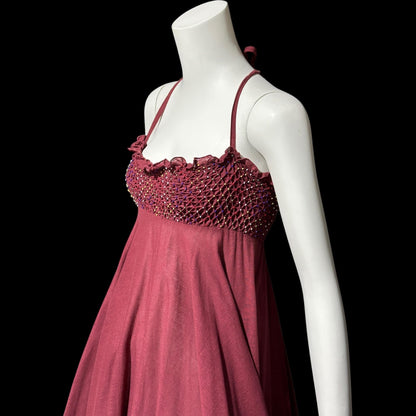 GUNN TRIGERE, vintage 1970s sundress, smocked and beaded cotton trapeze day dress, Hippie Boho beachwear