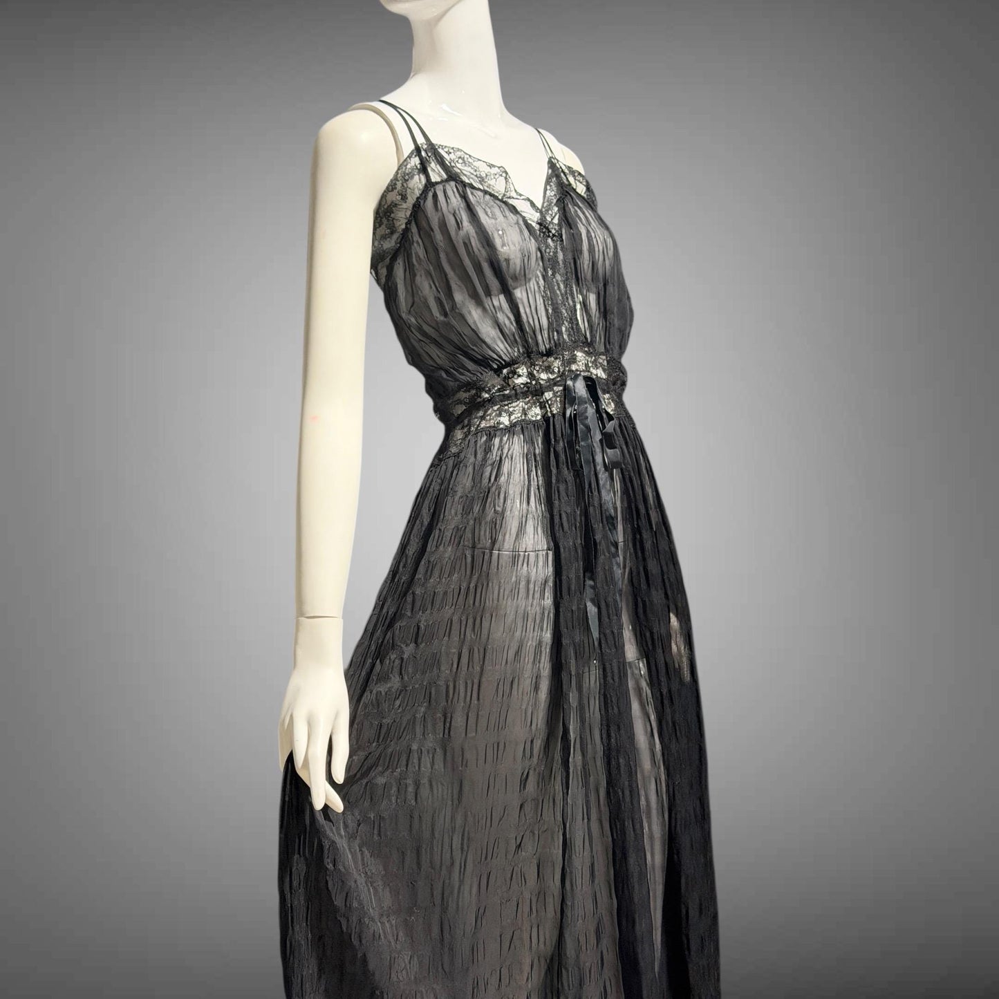 TULA vintage 1940s Nightgown slip dress, sultry black sheer waffled nylon lingerie dress, large