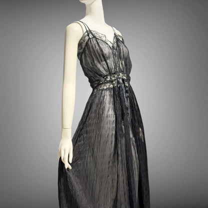 TULA vintage 1940s Nightgown slip dress, sultry black sheer waffled nylon lingerie dress, large