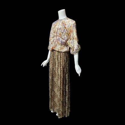MOLLIE PARNIS, vintage 1970s evening dress, brown silk blouson formal gown