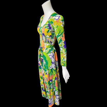 THE COMPANY, vintage 1970s maxi dress, slinky psychedelic floral print dress, long sleeve op art garden party day dress