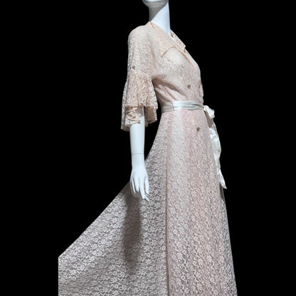 FLOBERT Vintage 1940s dressing gown robe, dusty pink sheer nylon lace wrap front full sweep housecoat hostess dress