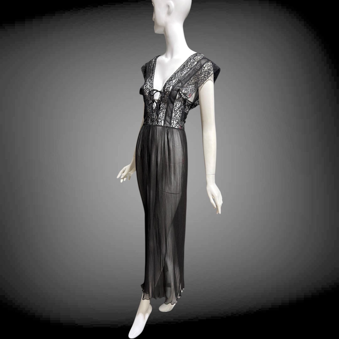 MYRA JOY Vintage 1950s Nightgown Lingerie Dress: Sheer Black Nylon Lace Slip Dress