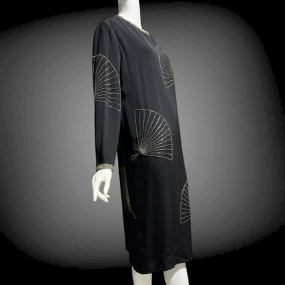 ADELE SIMPSON 1980s black cocktail party shift dress with beaded fans