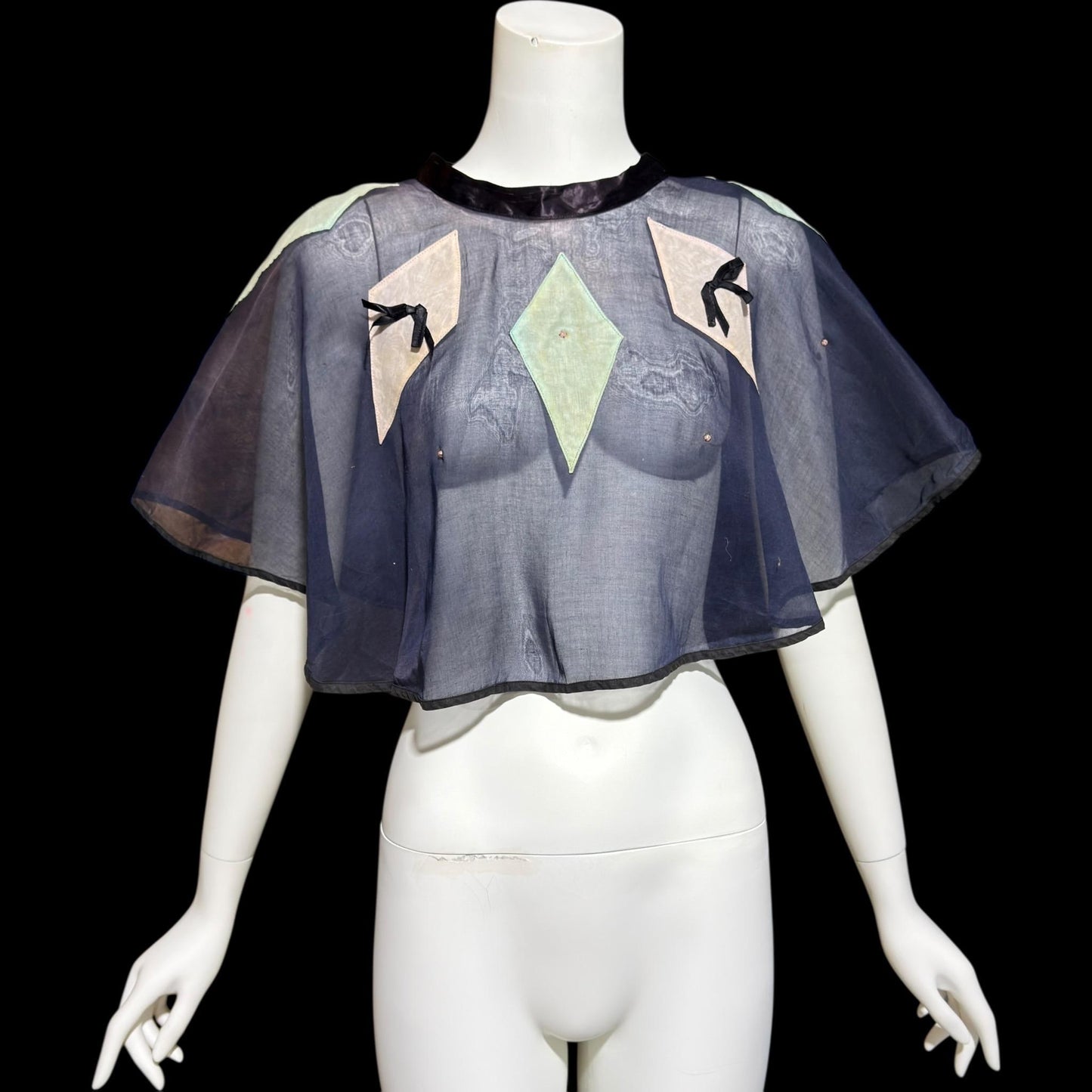 1930s Vintage collar capelet, navy blue organza harlequin shoulder cover