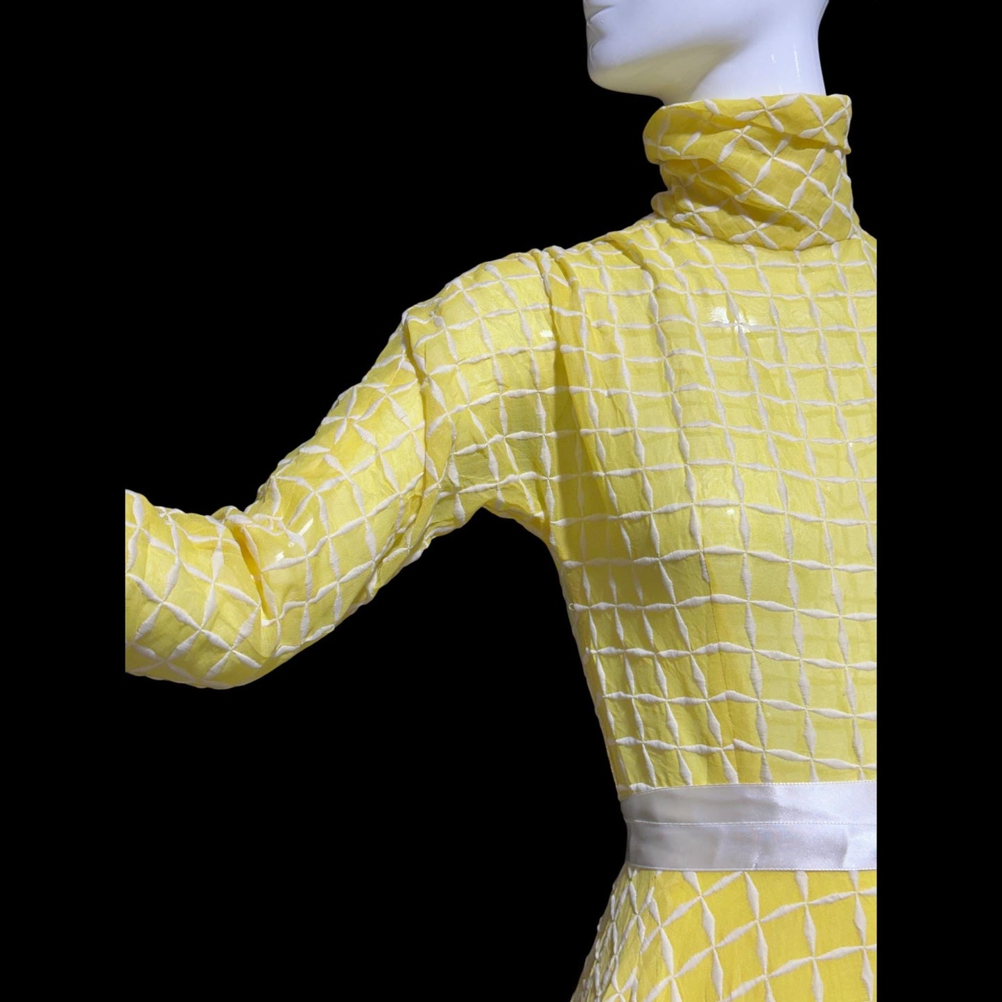 LILLIE RUBIN vintage 1970s evening dress gown, lemon yellow windowpane plaid ball gown