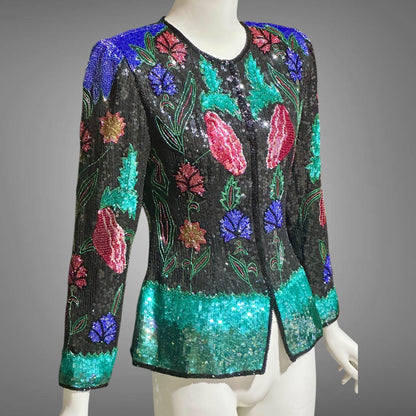 1980s vintage Evening jacket, vibrant jewel tone beaded and sequins princess cut elegant cocktail party jacket blouse top