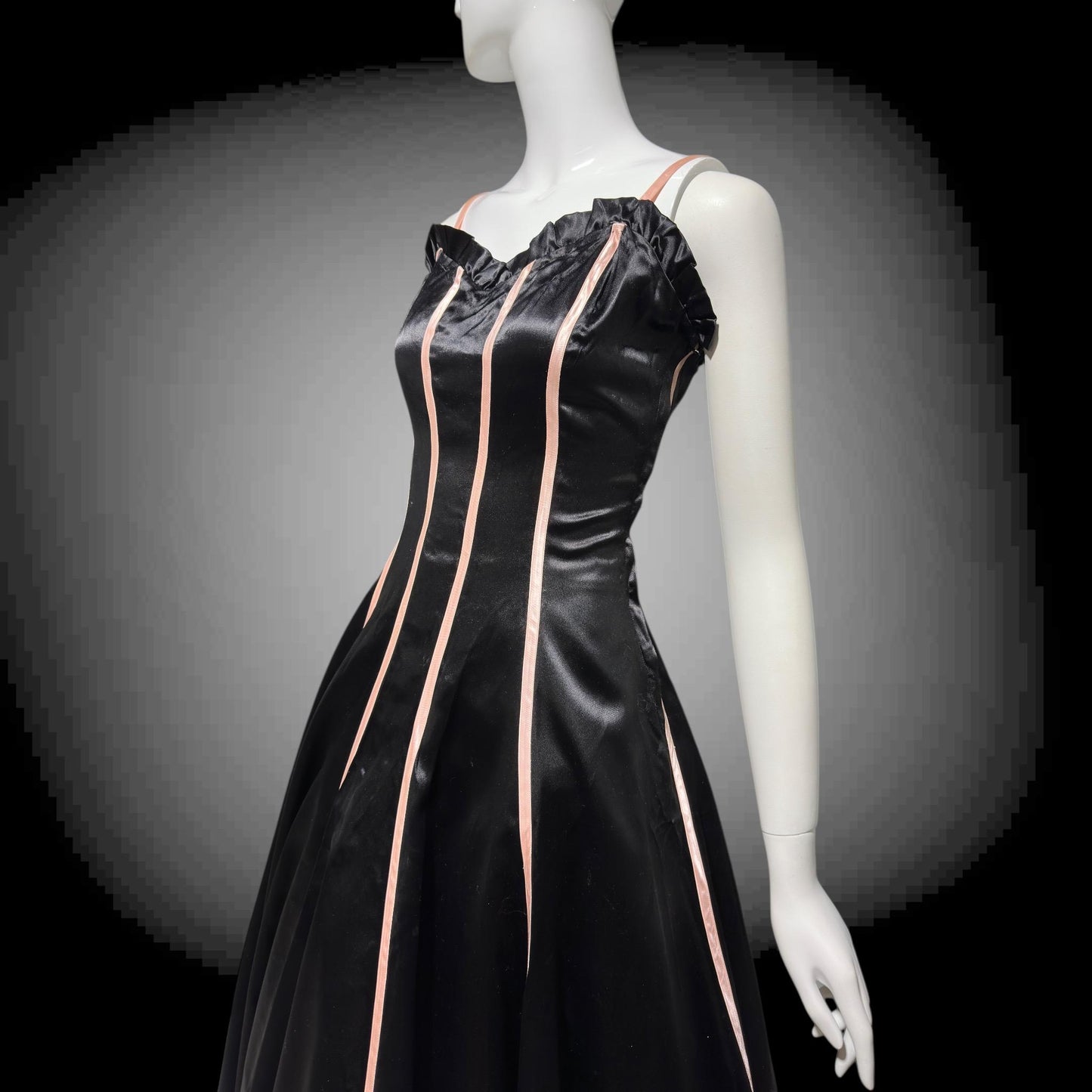 1940s vintage Evening Ball Gown: Black Shiny Satin full sweep formal dress with pink ribbon stripes