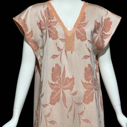 FERNANDO SANCHEZ, vintage 1970s caftan dress, peach brushed cotton Orchid print Kaftan House Dress