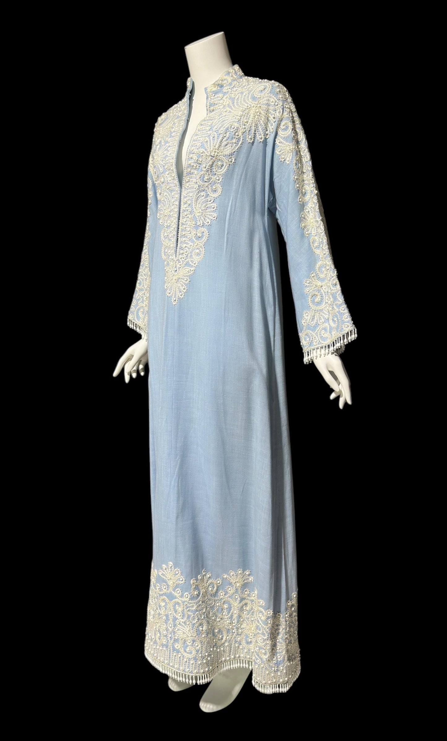 REBECCA vintage linen caftan evening dress, BONWIT TELLER 1960s heavily beaded soutache blue cruise cocktail gown