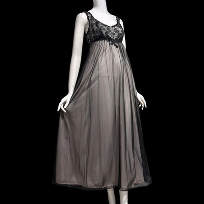 Warner's vintage 1960s peignoir set, frothy sheer black and pink chiffon nightgown robe set
