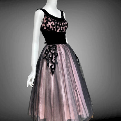 1950s vintage party dress, Dreamy Pink and Black tulle cupcake prom cocktail dress