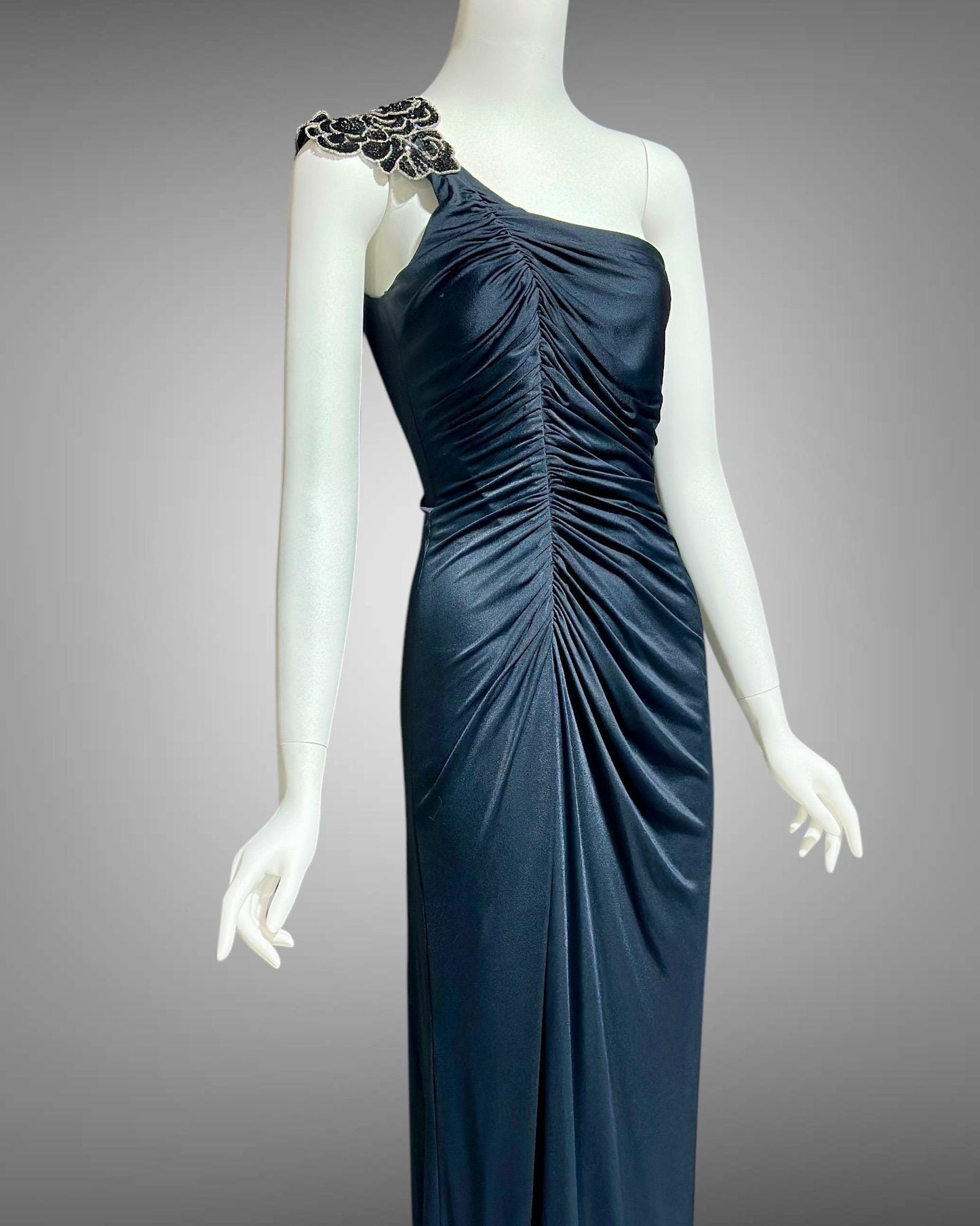 EUGENE ALEXANDER 1980s vintage Slinky Black sheath evening dress, One Shoulder Grecian Goddess gown