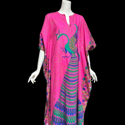 NEIMAN MARCUS, vintage 1970s caftan dress, hot pink cotton, hand screened in Thailand