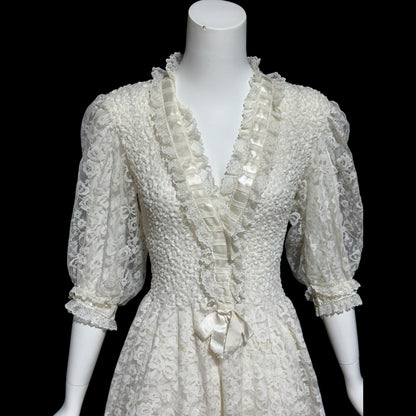 ODETTE BARSA, vintage 1950s dressing gown robe, white smocked elastic and lace bridal robe