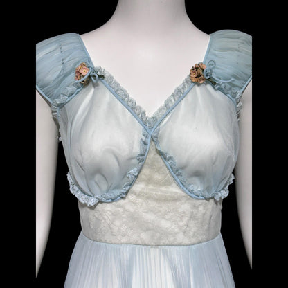 1940s Sheer Nightgown Slip Dress: Totally sheer powder blue micro pleat Old Hollywood Night Dress
