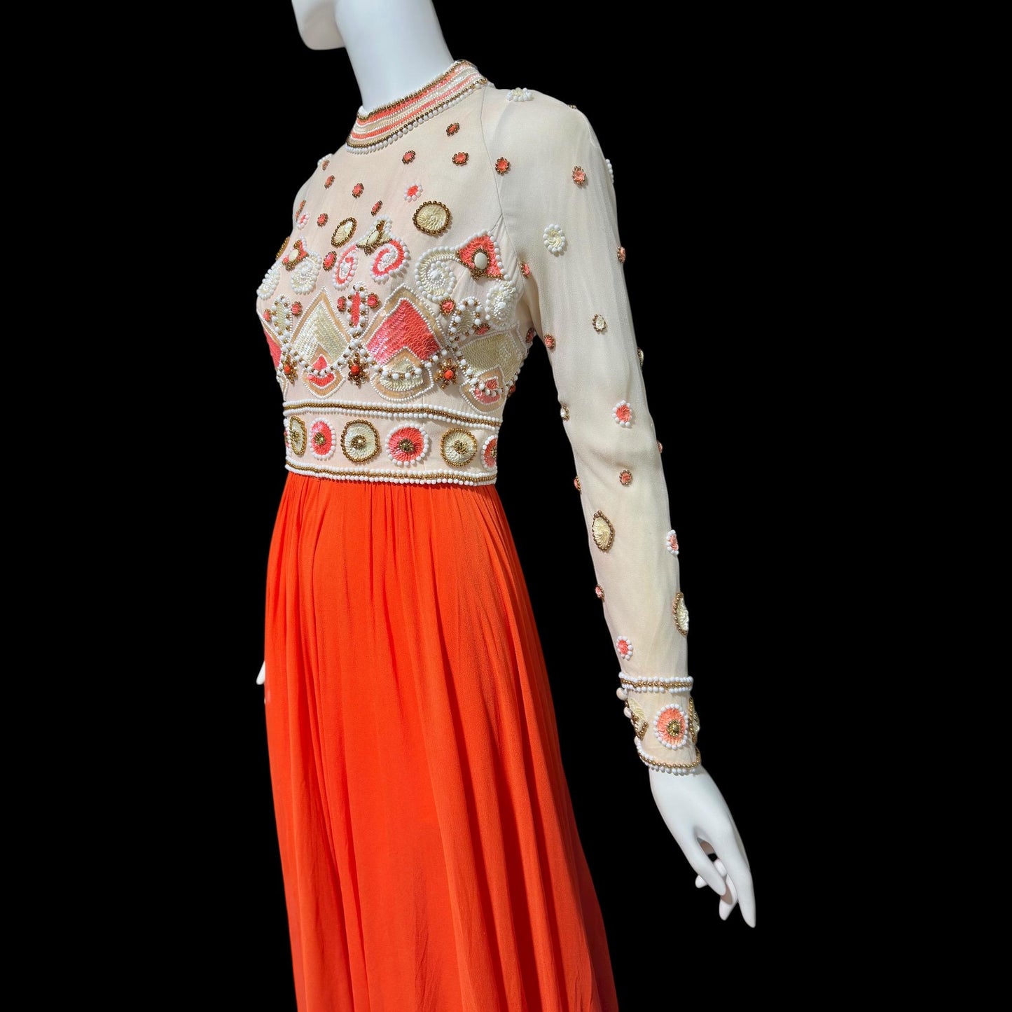 DARNELL of LONDON, vintage 1970s evening gown, Designer Beaded Orange Chiffon formal dress