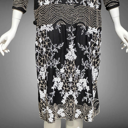 HOUSE OF ADAIR, vintage 1920s party dress, black and white shift beaded flapper dress, heavy beading