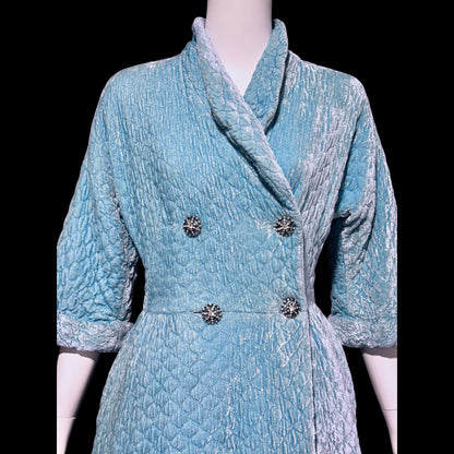 B COHEN ORIGINAL, vintage 1940s dressing gown robe, quilted robin's egg blue double breasted wrap front housecoat