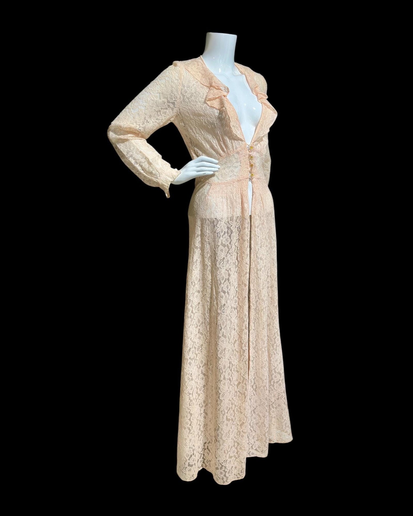 FLOBERT vintage 1940s sheer pink lace dressing gown robe, lace button front peignoir housecoat