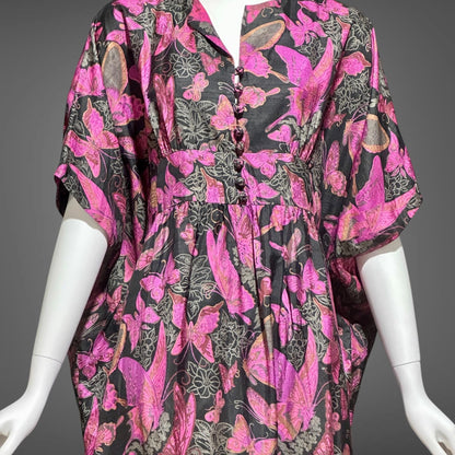 DESIGN THAI BANGKOK, vintage 1960s caftan dress, maxi party dress, hot pink butterfly print silk dress